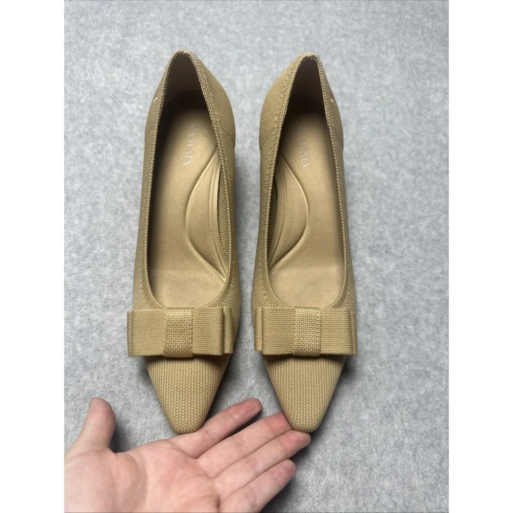 Vivaia Tracy‎ Pro Heels Pointed Bow Toe Peach Nude Knit Chunky Pumps Sz 40 US 9